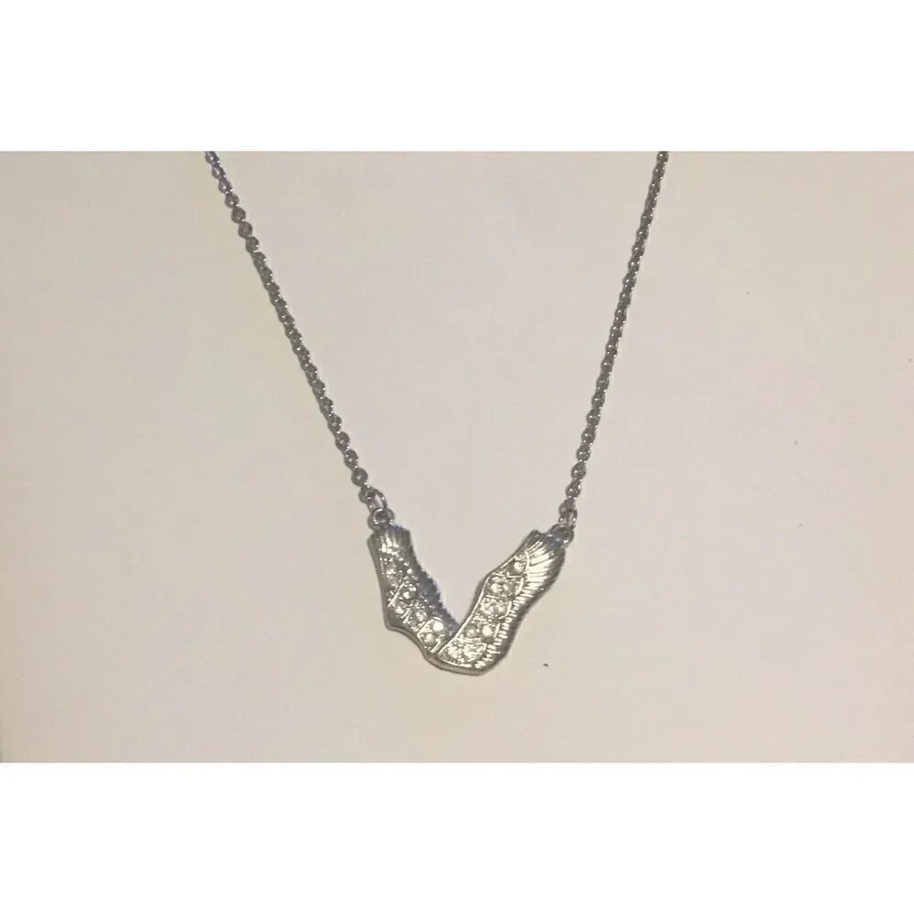 New Textured Silver Rhinestone Studded Wing Necklace